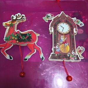 Festive Red Reindeer and Clock Ornaments